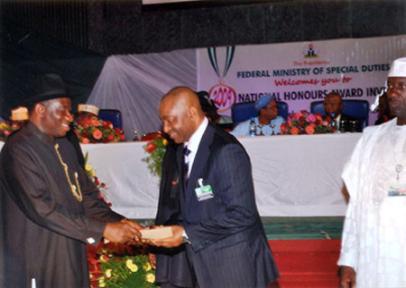 L-R: President Goodluck Jonathan and Chief Solo U. Akuma, SAN, MON.